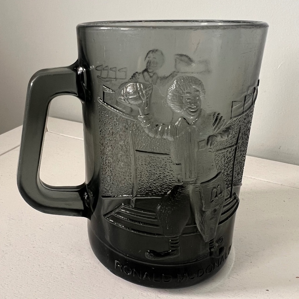 Vintage McDonald's Smoky Glass Mug 1970's Ronald McDonald Playing Football
